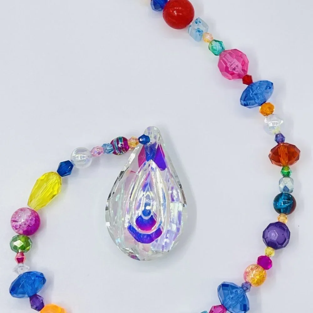 Beaded Suncatcher -  Multicolored - Clear Crystal Prism - Hanging Decor